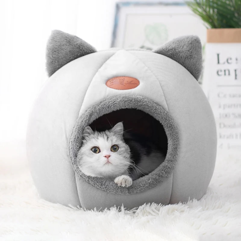 Cozy Winter Cat Cave Bed – Warm, Removable Cushion & Non-Slip Bottom
