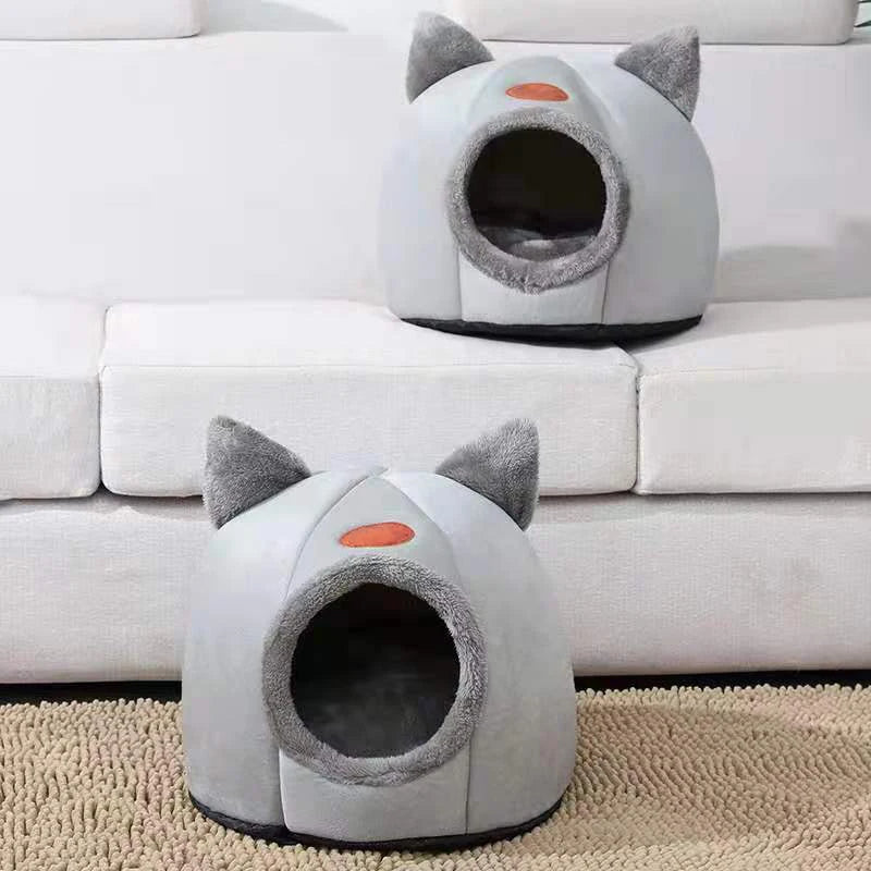 Cozy Winter Cat Cave Bed – Warm, Removable Cushion & Non-Slip Bottom