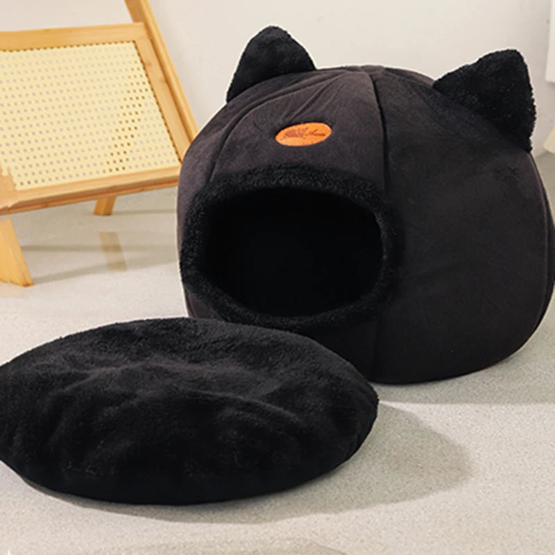 Cozy Winter Cat Cave Bed – Warm, Removable Cushion & Non-Slip Bottom
