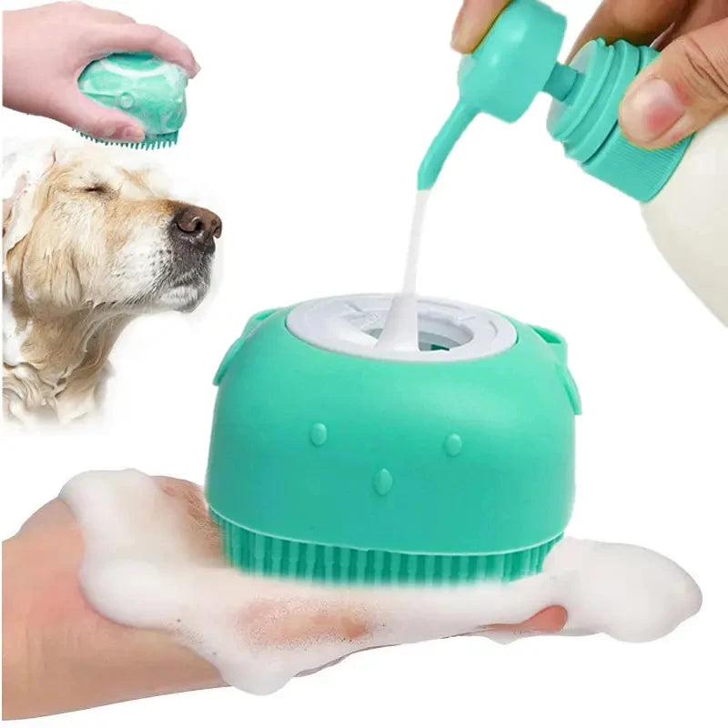 Silicone Pet Bath Massage Brush with Shampoo Dispenser – For Dogs & Cats