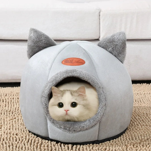 Cozy Winter Cat Cave Bed – Warm, Removable Cushion & Non-Slip Bottom