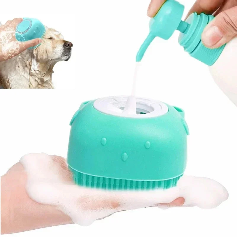 Silicone Pet Bathing Brush – Soft Grooming Scrubber with Shampoo Dispenser