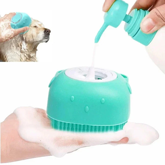 Silicone Pet Bathing Brush – Soft Grooming Scrubber with Shampoo Dispenser