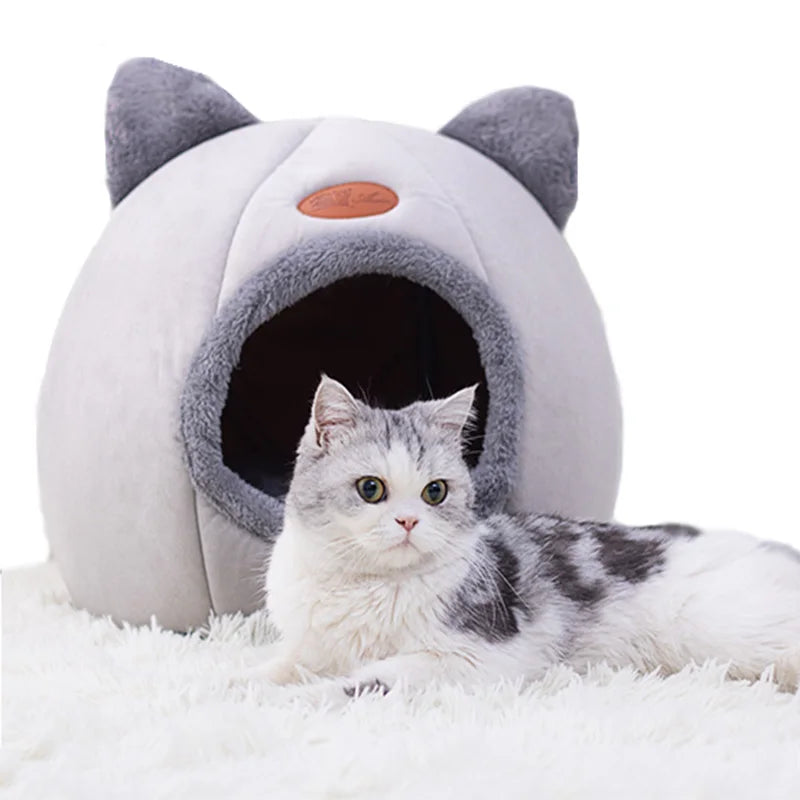 Cozy Winter Cat Cave Bed – Warm, Removable Cushion & Non-Slip Bottom