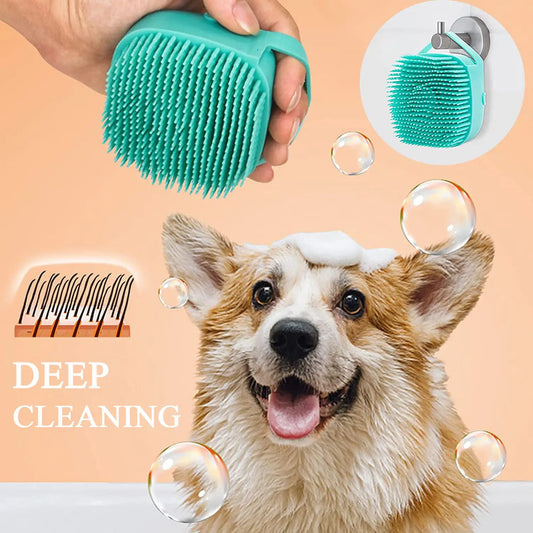 Silicone Pet Bath Massage Brush with Shampoo Dispenser – For Dogs & Cats