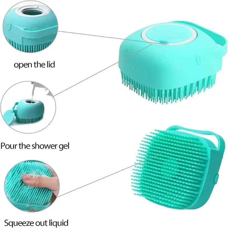 Silicone Pet Bathing Brush – Soft Grooming Scrubber with Shampoo Dispenser